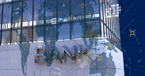 Modern Bank Exterior with Global Data and Network Technology Icons