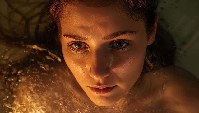 Golden bathtub portrait showing woman lifting face toward warm light, intimate closeup