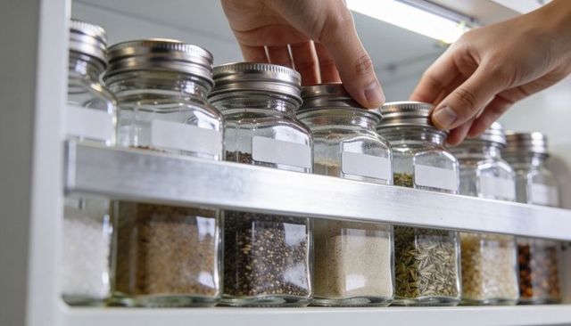 Reaching and lifting glass spice jars on metal shelf organizing pantry and seasonings