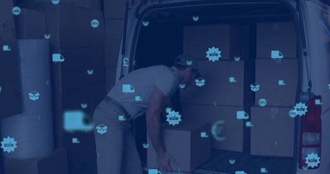 Digital overlay with delivery man loading boxes for global shipping