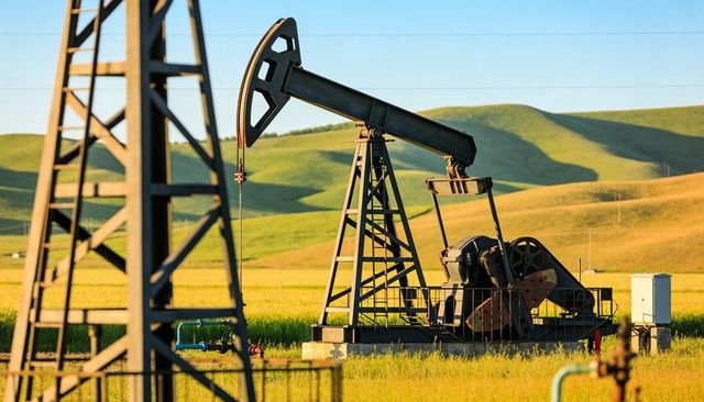 Pumpjack operating in golden grassland at sunset, oilfield machinery and energy infrastructure