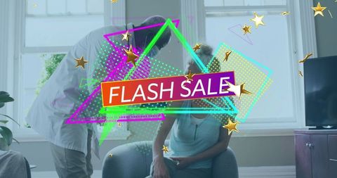 Neon Flash Sale Overlay on Modern Living Room Consultation Scene