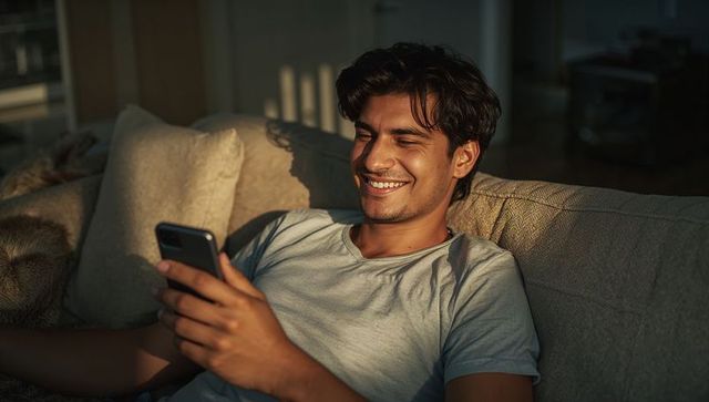 Sunlit young man reclining on sofa with smartphone, smiling casual tech and lifestyle
