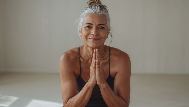 Senior woman practicing mindful prayer pose smiling in minimalist yoga studio
