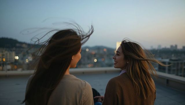 Friends laughing and talking on rooftop at dusk with wind-blown hair and city lights