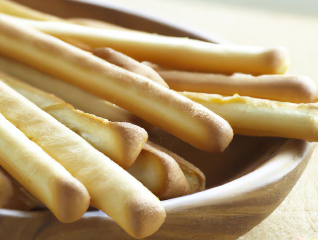 Golden and crispy breadsticks in a ceramic bowl make this perfect for food-related materials, such as restaurant menus, food blogs, or cooking websites. The close-up view showcases their texture, making it ideal for promoting bakery products or demonstrating appetizer ideas.
