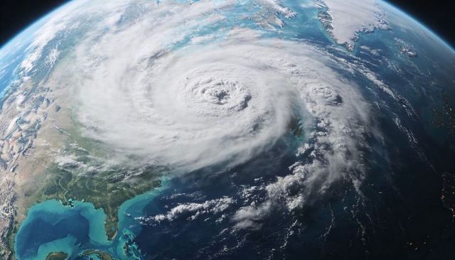 Massive north atlantic hurricane from orbit showing clear eye and spiral clouds