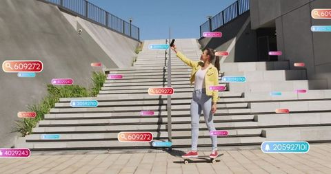 Skater in yellow jacket capturing vibrant city selfie