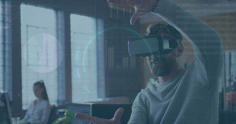 Businessman using vr headset for financial data visualization