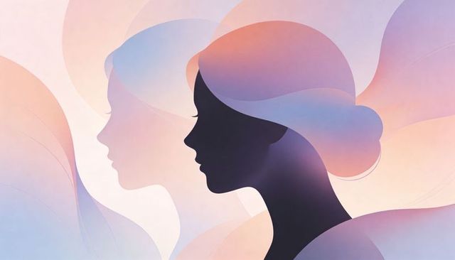 Overlapping pastel female silhouettes in ethereal layered dreamlike composition