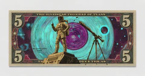 Cosmic Currency Showing Astronaut and Telescope in Vivid Galaxy