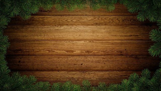 Rustic Wooden Table with Festive Pine Branch Border