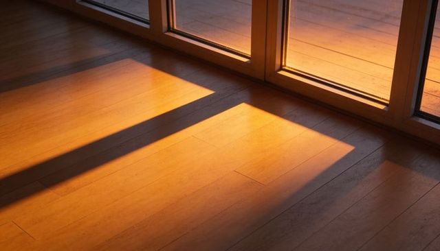 Golden Sunlight Casting Rectangular Patch on Wooden Floor Through Glass Doors