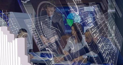 Collaborating business team analyzing augmented reality data dashboards in modern office