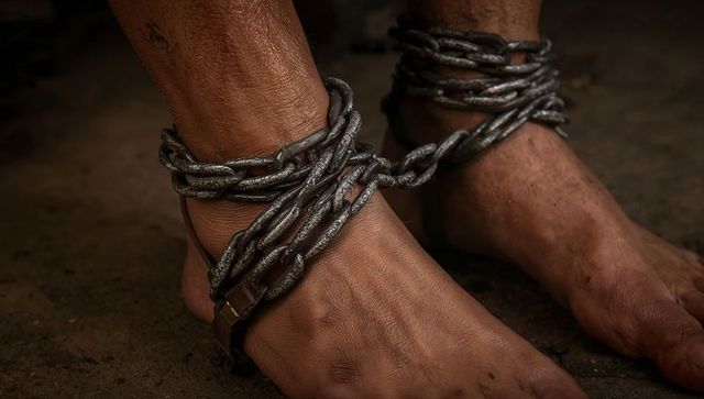 Showing bound bare ankles wrapped in heavy rusted chains and padlock on gritty dirt floor