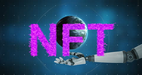 Robot Hand Reaching Towards Digital NFT with Globe Background