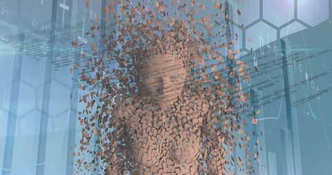 Human figure disintegrating into pixels symbolizing technology