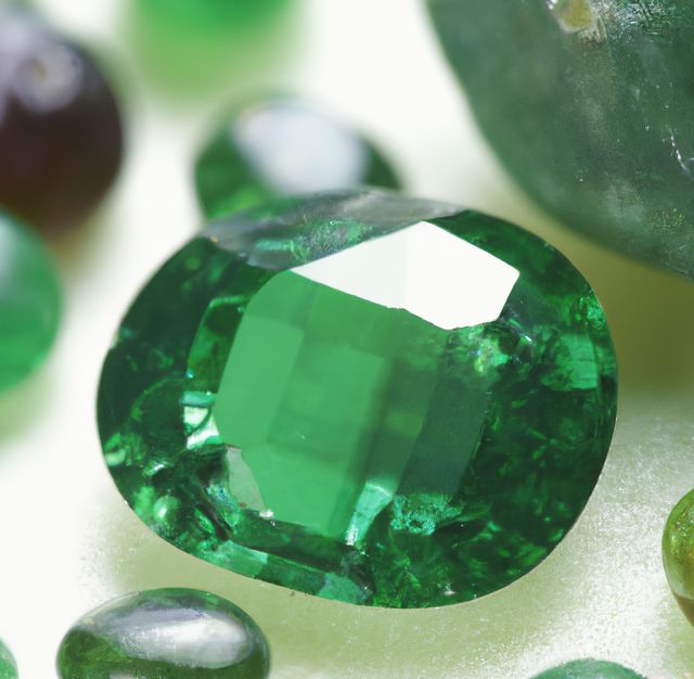 Oval-cut emerald gemstone sparkling brightly amongst a collection of various gems, showcasing its polished surface and vibrant green color. Suitable for use in marketing materials for jewelry brands, luxury goods advertisements, blogs about gemstones, social media posts celebrating opulence, and educational content about precious stones.