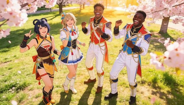 Sunlit pop idol group performing under cherry blossoms in colorful stage costumes