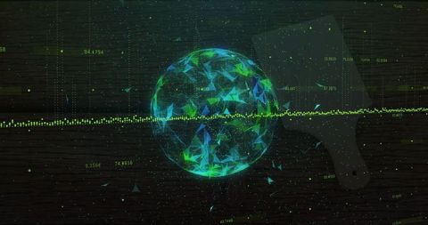 Glowing holographic data orb floating over dark wood planks with neon green signal wave