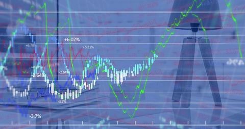 Composite Financial Data Chart Superimposed on Modern Workspace Scene