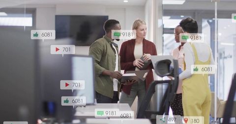 Diverse Team Collaborating on Digital Metrics in Bright Open Office with Social Overlays