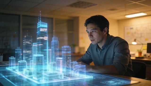 Architect designing futuristic holographic 3D city model on interactive table