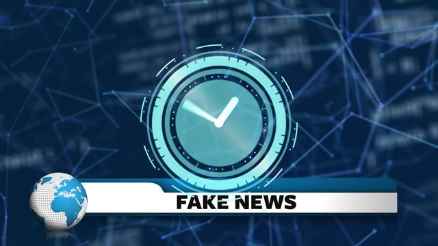 Animation showing a clock overlaying a news and network of connections background. Ideal for use in presentations, news segments, and educational material on the topic of fake news, global connections, and data technology.