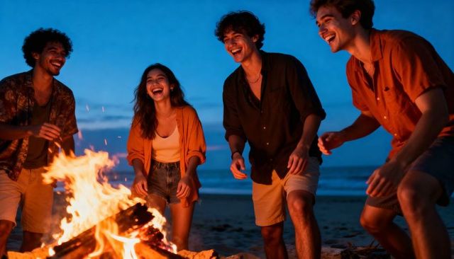 Friends laughing around bonfire on beach at dusk | summer night seaside gathering