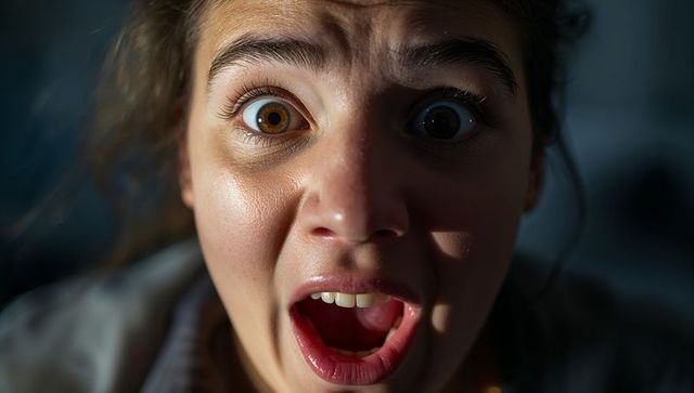 Gasping teen face filling frame with dramatic low-key lighting and wide eyes