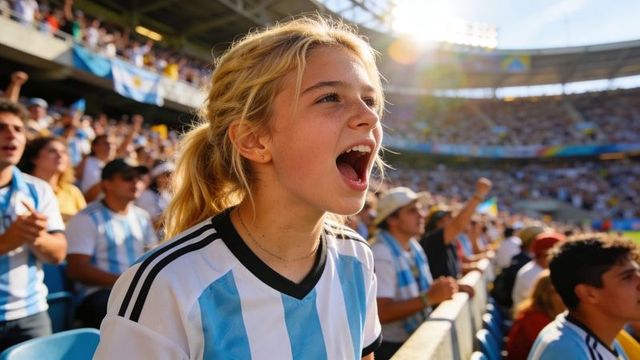 Cheering blonde teen wearing argentina jersey, leaning on railing in sunlit packed stadium