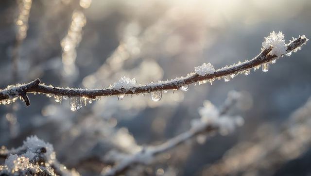 Glistening frosted twig with hanging icicles at golden winter sunrise, macro nature detail