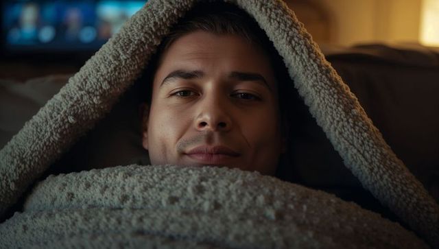 Cozy evening man wrapped in sherpa blanket watching tv glow on sofa closeup portrait relaxing
