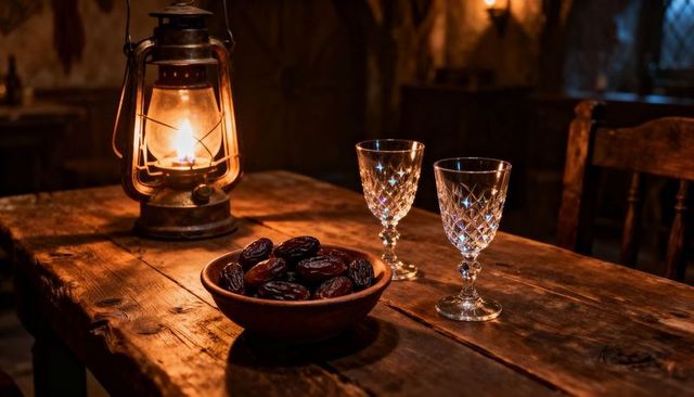 Rustic candlelit wooden table with antique lantern, crystal goblets and bowl of dates