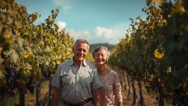 Smiling senior couple enjoying vineyard stroll at golden hour, grape harvest lifestyle