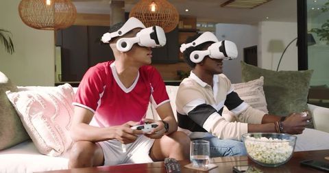 Friends Enjoying VR Gaming in Modern Living Room