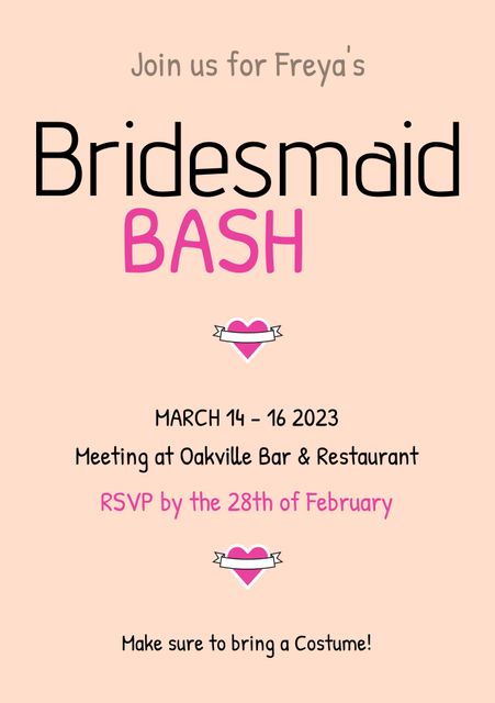 Invitation designed for bridesmaid bashes and bridal celebrations. Ideal for party planners or brides arranging fun events. The inclusion of costumes hints at a themed party, making it unique and entertaining for guests.