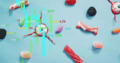 Smashed red-white candy oozing syrup with dentures and neon financial chart overlay