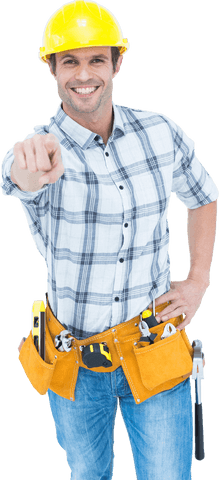 Smiling Handyman Pointing with Confidence on Transparent Background - Download Free Stock Videos Pikwizard.com