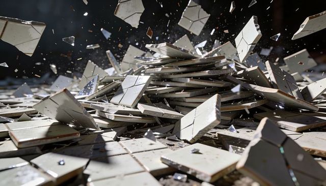 Shattering ceramic tiles pile with flying shards and dust, dramatic low-light chaos