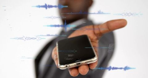 Businessman offering smartphone with holographic waveform interface for mobile tech