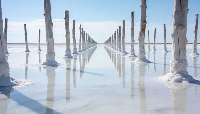 Rows of salt-crusted wooden posts receding into horizon on reflective salt flat