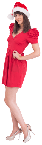 Festive Brunette in Red Christmas Outfit on Transparent Background