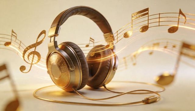 Gold over-ear headphones emitting golden musical notes with 3.5mm cable on beige background
