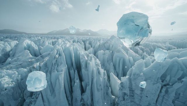 Hovering crystal ice boulders over jagged glacial crevasses and seracs in arctic expanse