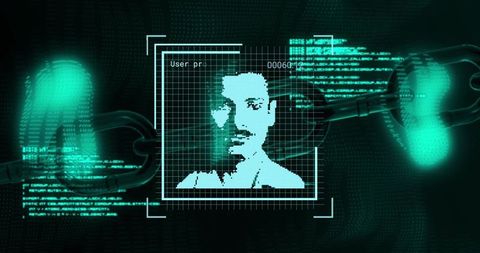 Biometric Face Scan HUD Over Blockchain Chain Links Showing Digital Identity Verification