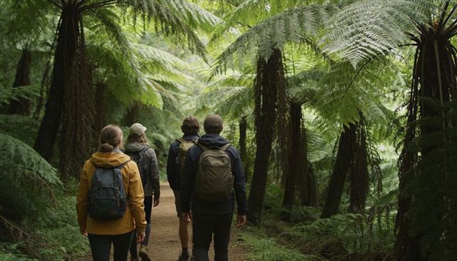 Four hikers trekking through lush tree fern forest on shaded dirt trail
