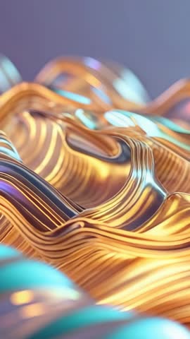Vertical video Rippling golden metallic ribbons shimmering with neon highlights in motion