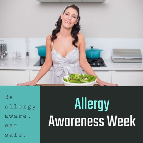 Happy Woman Promoting Allergy Awareness and Safe Eating - Download Free Stock Templates Pikwizard.com