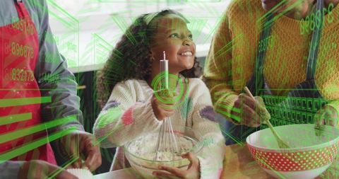 Multigenerational family baking with ar overlays, child whisking batter in kitchen